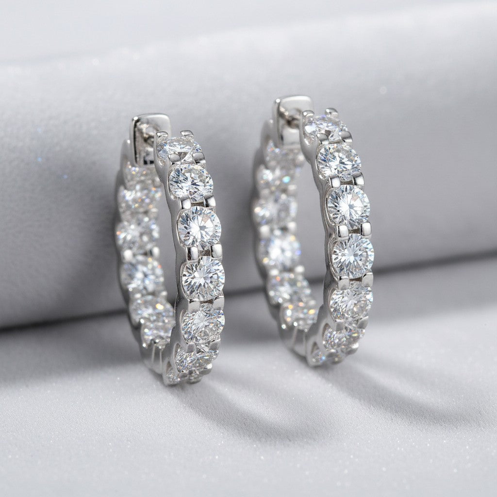 Inside-out hoop earrings, moissanite stones in 18K White Gold Vermeil