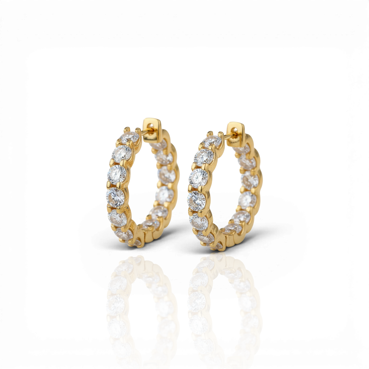 Inside-out hoop earrings, moissanite stones in 18K Yellow Gold Vermeil
