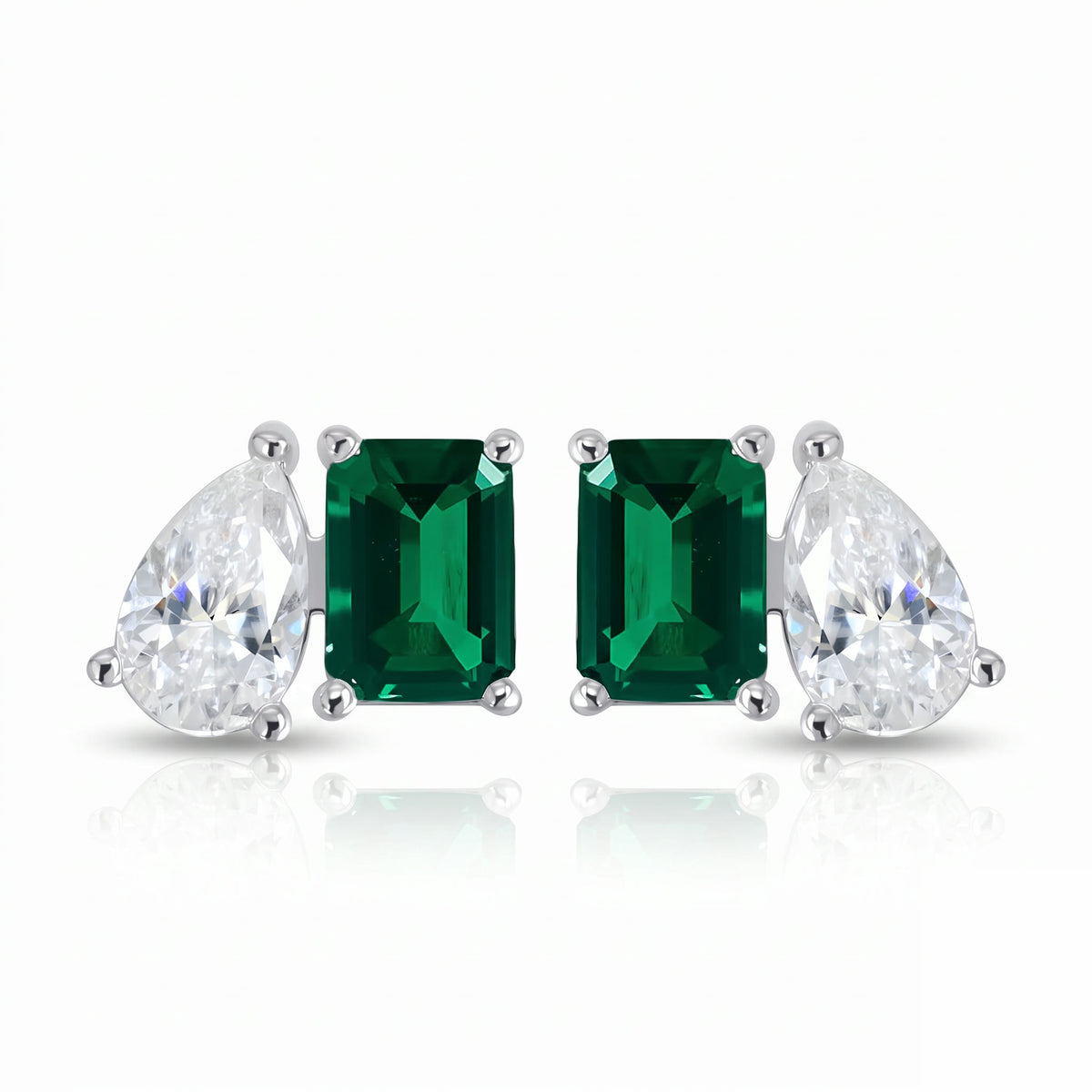 Lab-Created Emerald and Pear Moissanite Stud Earrings – Valentine in 18K White Gold Vermeil