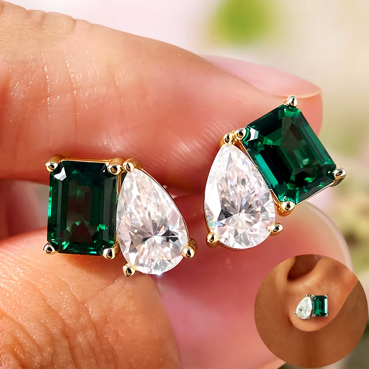 Lab-Created Emerald and Pear Moissanite Stud Earrings – Valentine, styled
