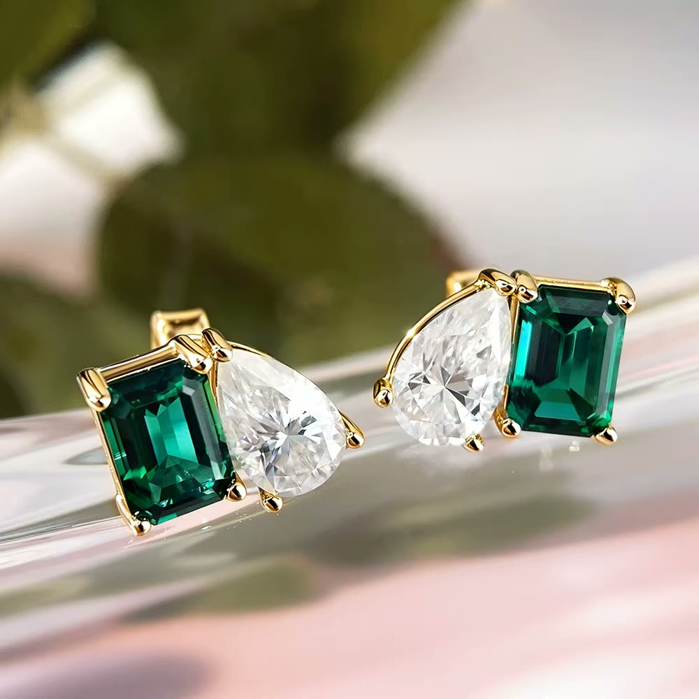 Lab-Created Emerald and Pear Moissanite Stud Earrings – Valentine, styled