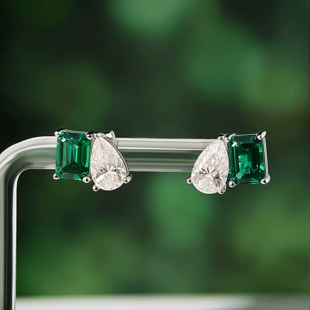 Lab-Created Emerald and Pear Moissanite Stud Earrings – Valentine, styled