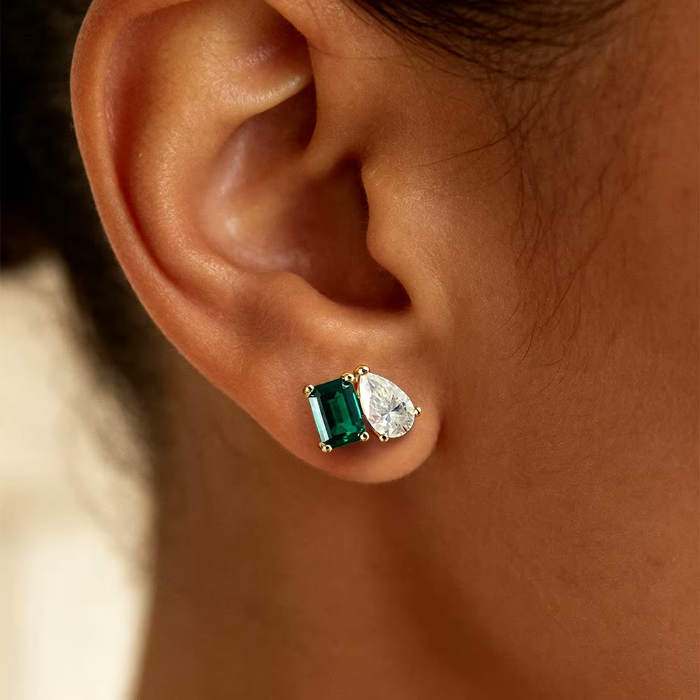 Lab-Created Emerald and Pear Moissanite Stud Earrings – Valentine, styled