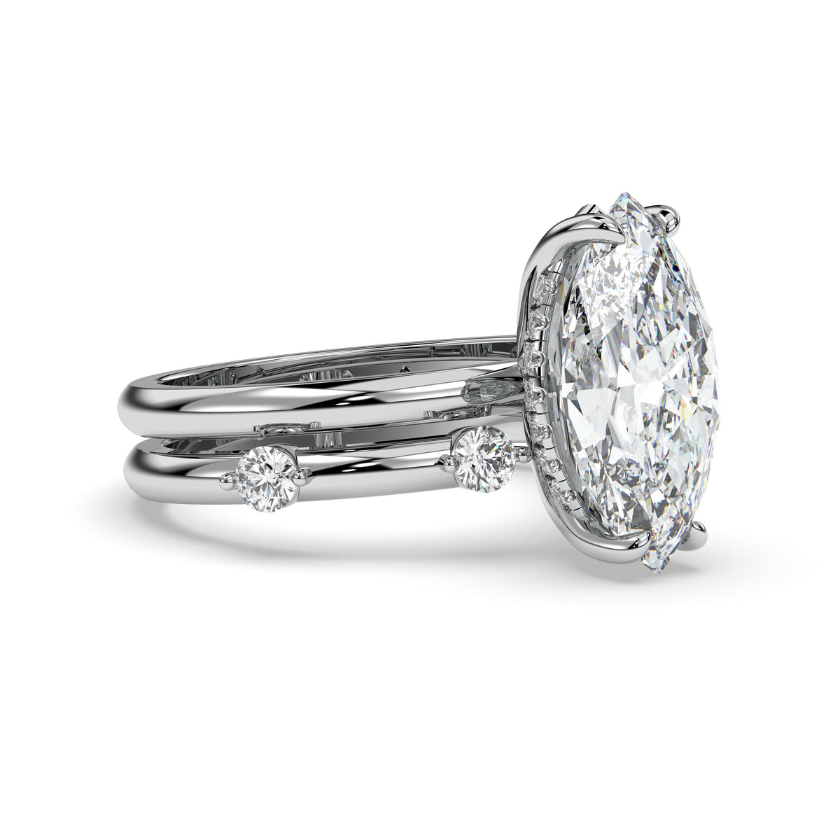 Marquise bridal set with accent band, moissanite stones in 18K White Gold Vermeil