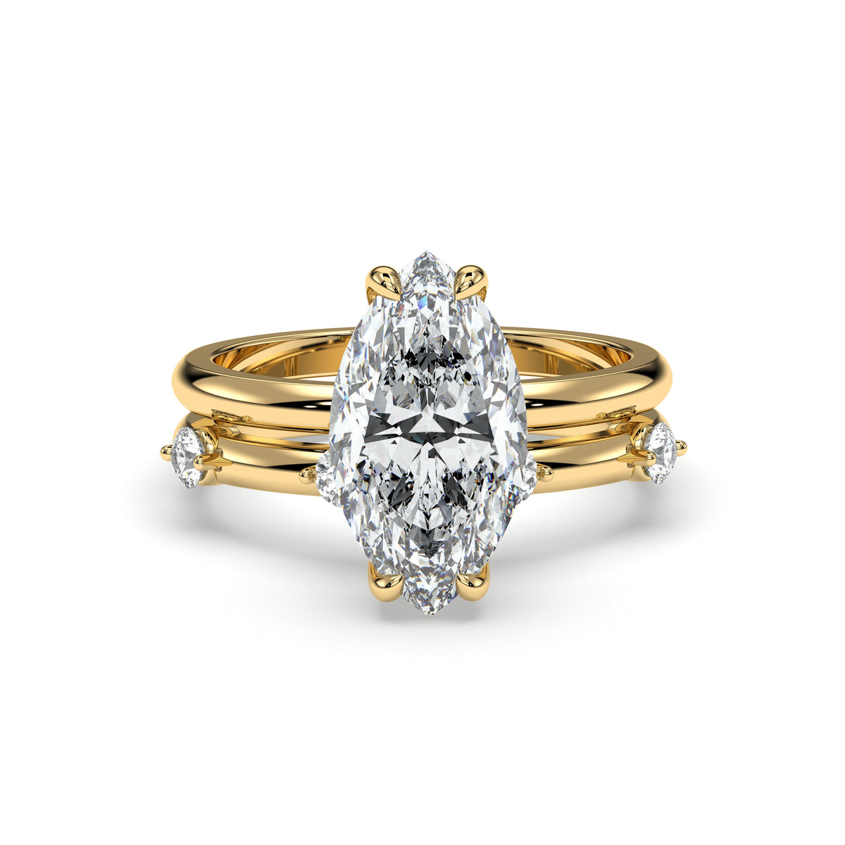 Marquise bridal set with accent band, moissanite stones in 18K Yellow Gold Vermeil