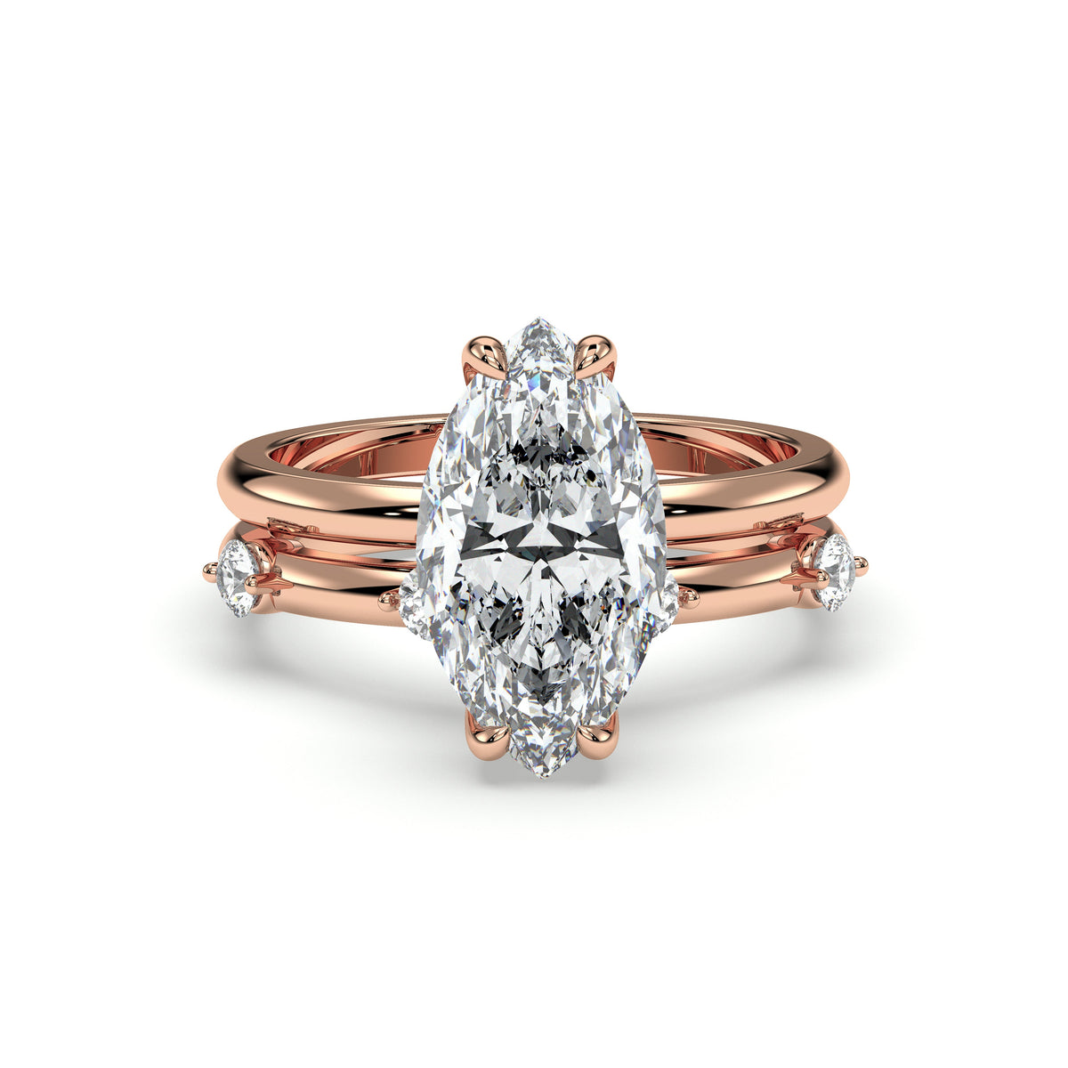 Marquise bridal set with accent band, moissanite stones in 18K Rose Gold Vermeil