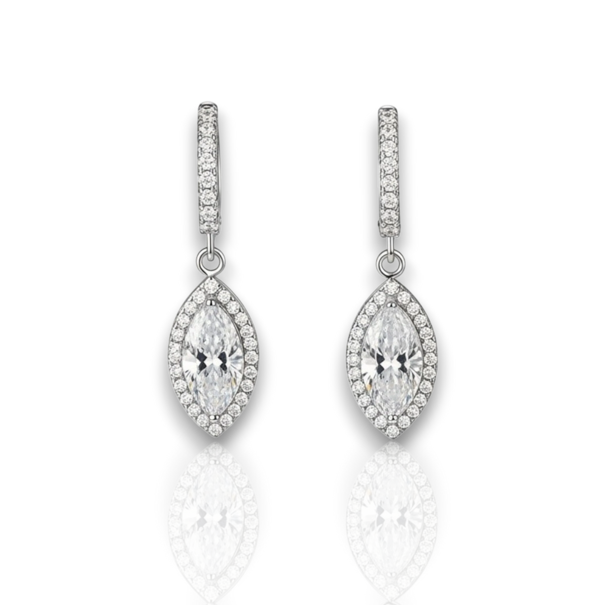 Marquise halo drop earrings on pavé huggies, moissanite stones in 18K White Gold Vermeil
