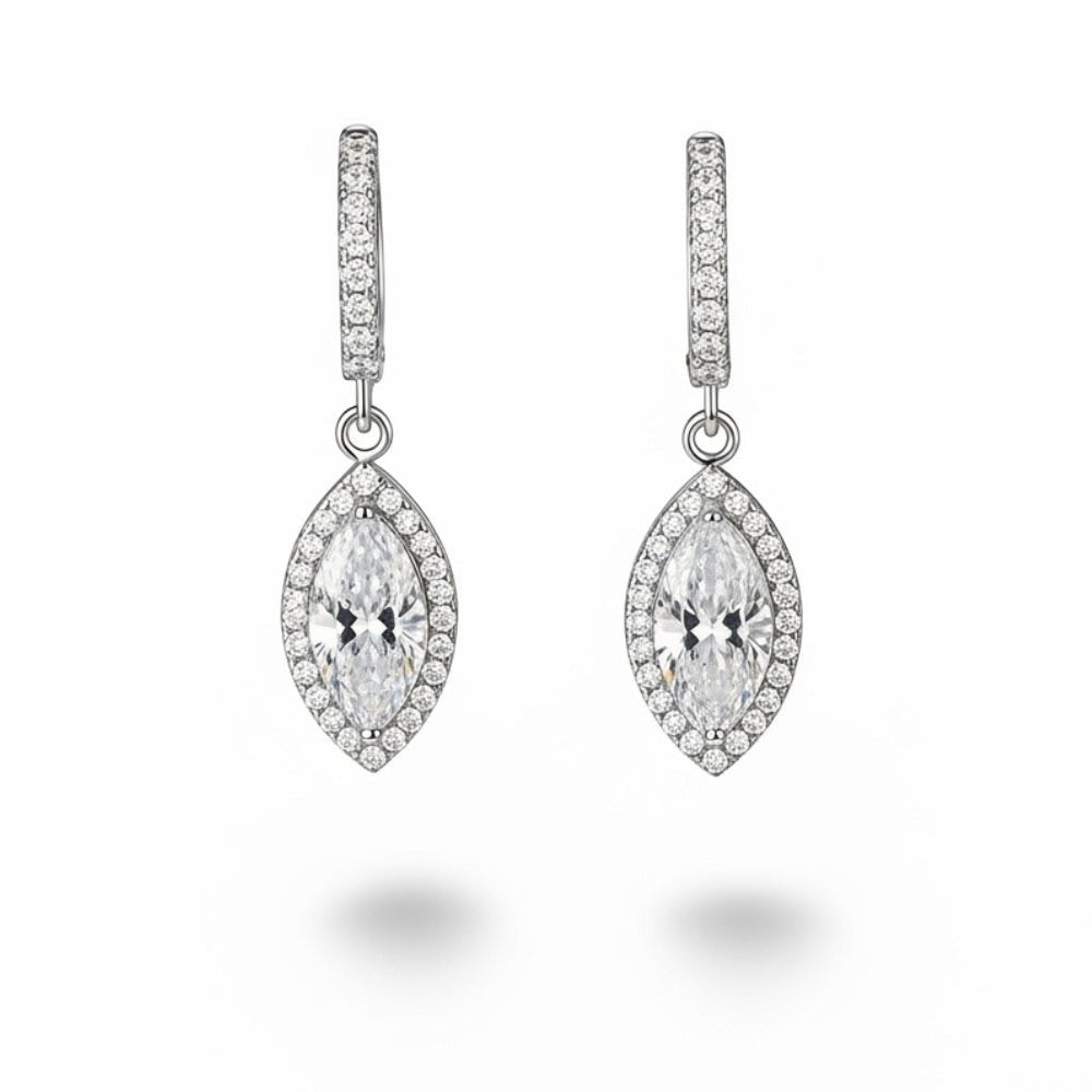 Marquise halo drop earrings on pavé huggies, moissanite stones in 18K White Gold Vermeil