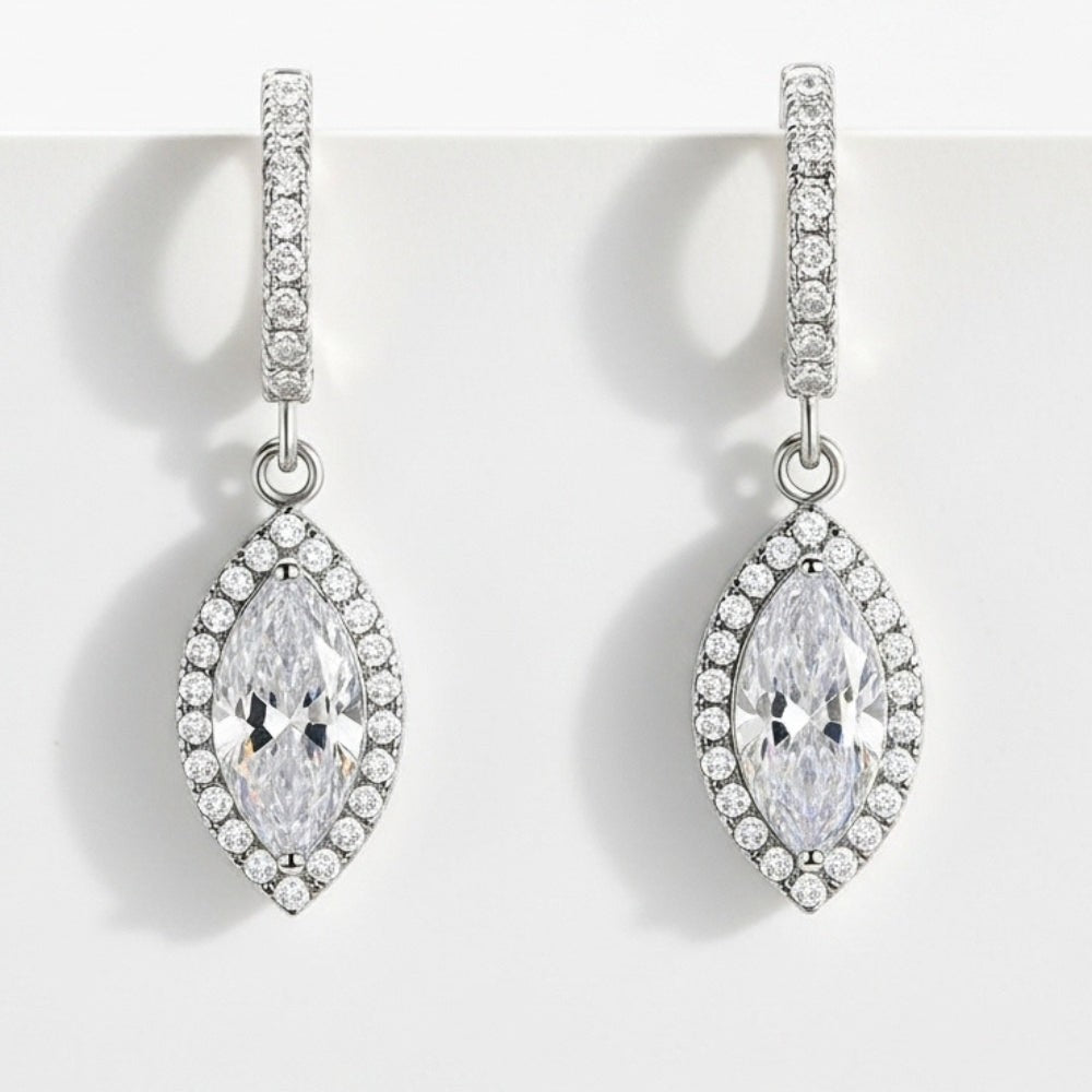 Marquise halo drop earrings on pavé huggies, moissanite stones in 18K White Gold Vermeil