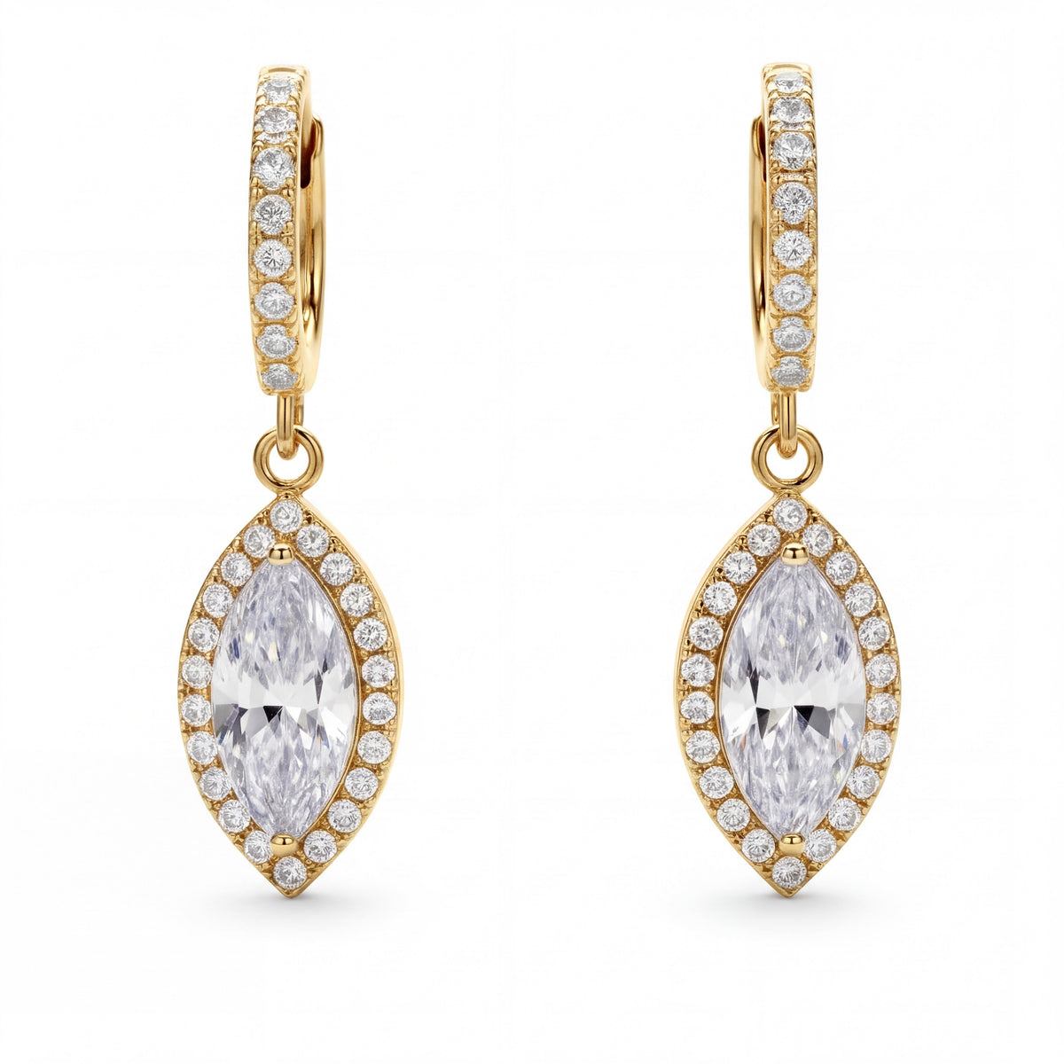 Marquise halo drop earrings on pavé huggies, moissanite stones in 18K Yellow Gold Vermeil
