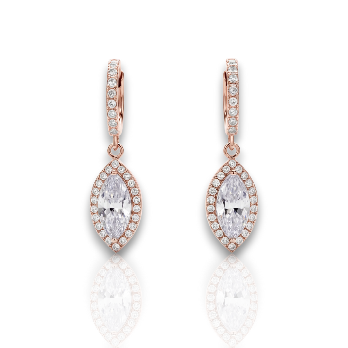 Marquise halo drop earrings on pavé huggies, moissanite stones in 18K Rose Gold Vermeil