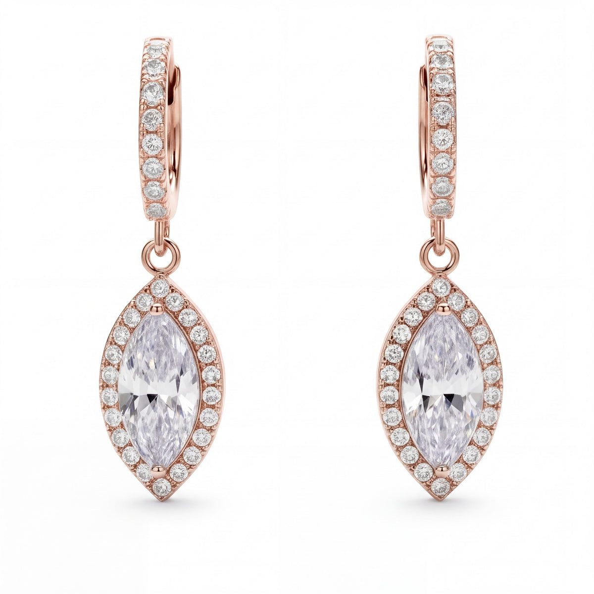 Marquise halo drop earrings on pavé huggies, moissanite stones in 18K Rose Gold Vermeil