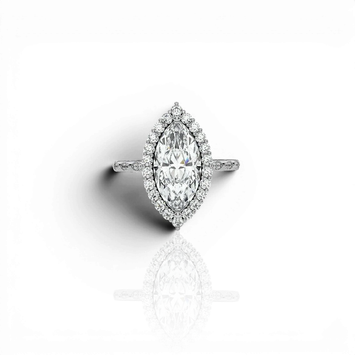 Marquise halo engagement ring with scalloped band, moissanite stones in 18K White Gold Vermeil
