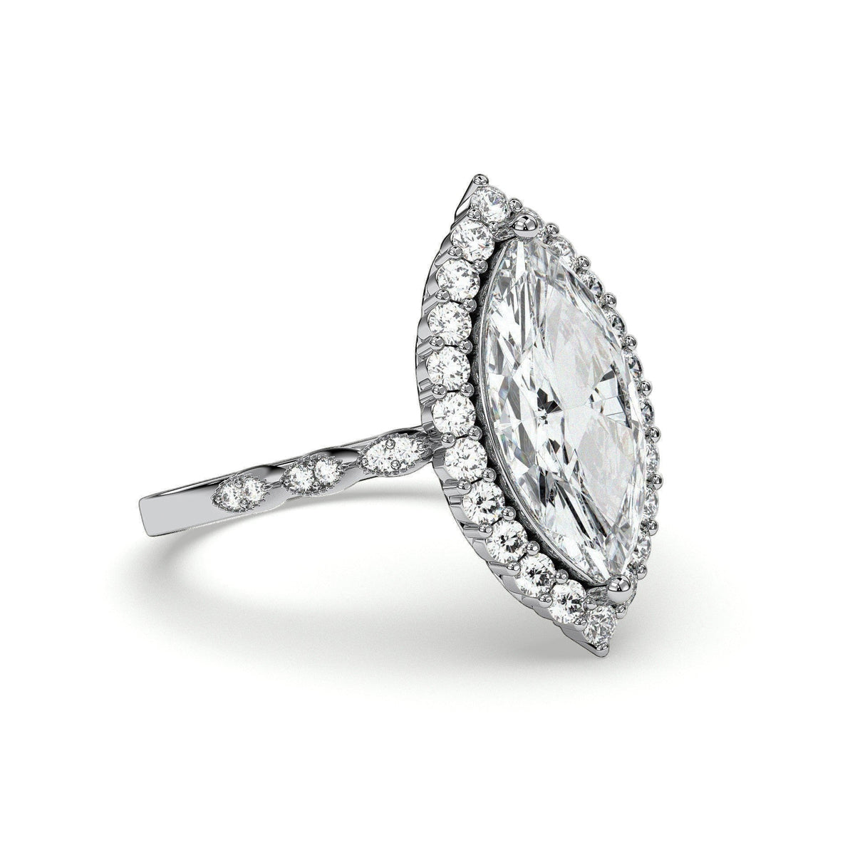 Marquise halo engagement ring with scalloped band, moissanite stones in 18K White Gold Vermeil