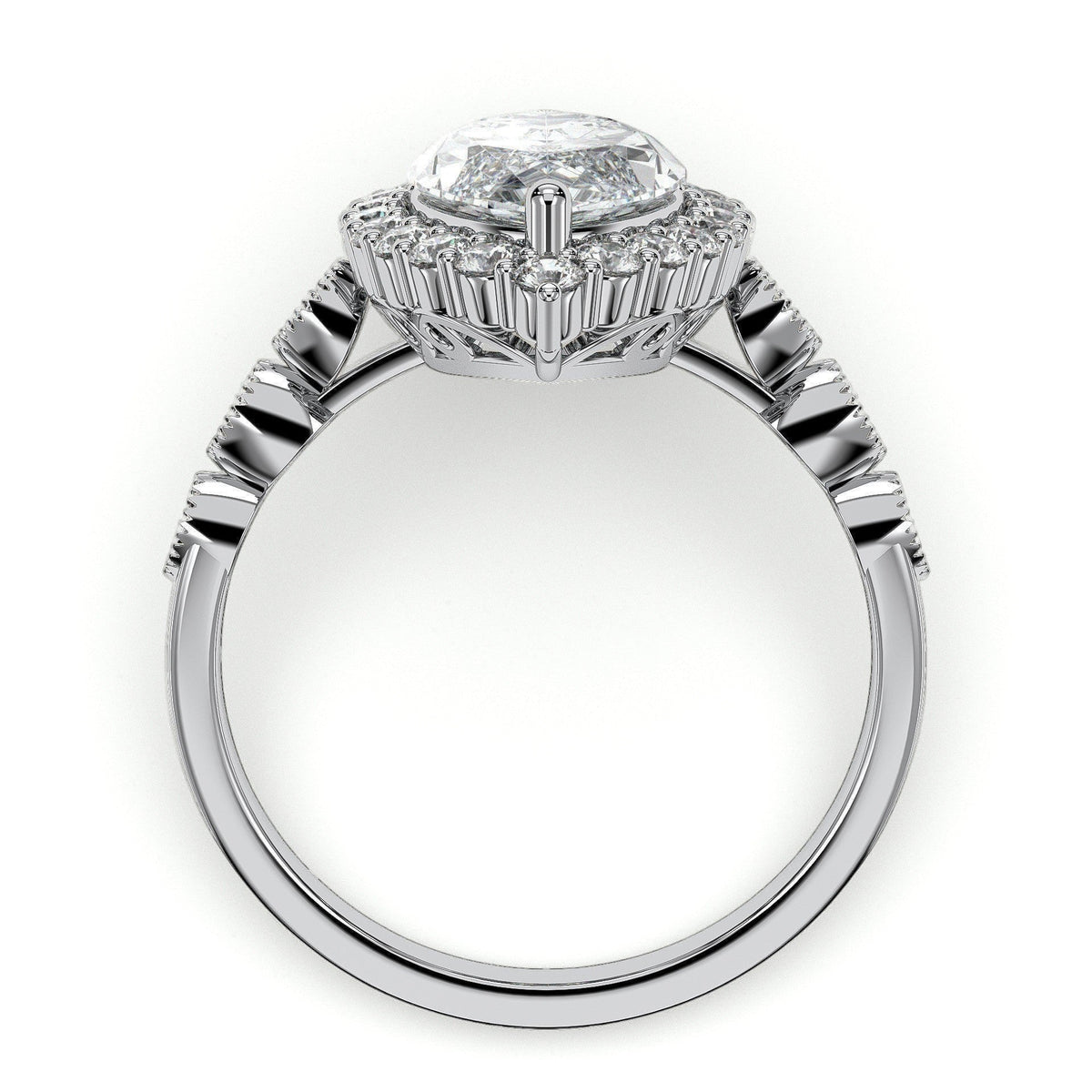 Marquise halo engagement ring with scalloped band, moissanite stones in 18K White Gold Vermeil
