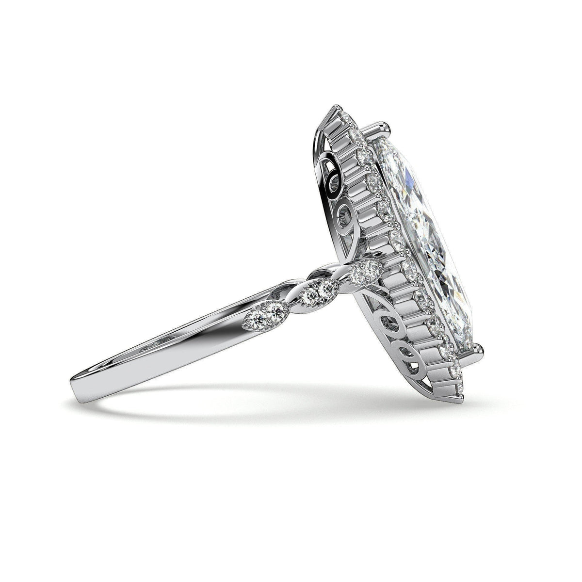 Marquise halo engagement ring with scalloped band, moissanite stones in 18K White Gold Vermeil