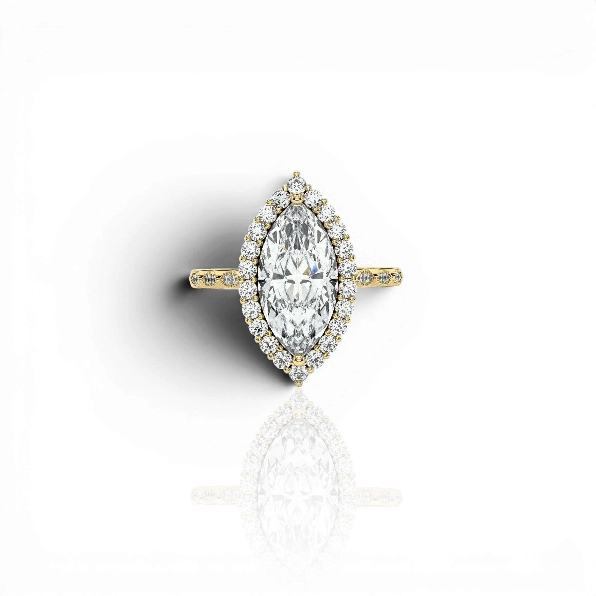 Marquise halo engagement ring with scalloped band, moissanite stones in 18K Yellow Gold Vermeil