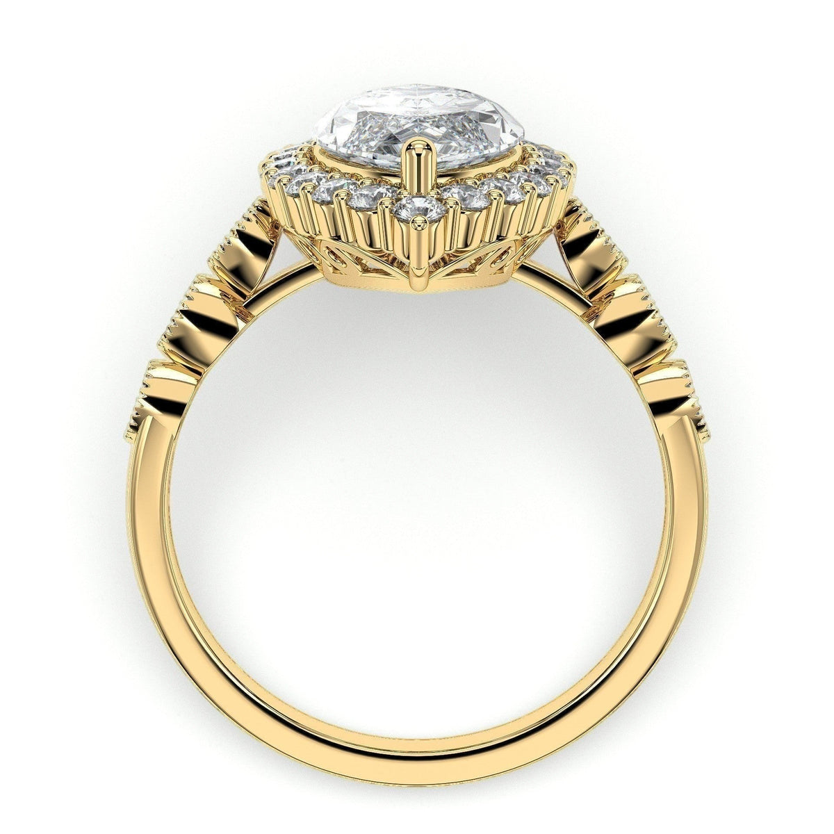 Marquise halo engagement ring with scalloped band, moissanite stones in 18K Yellow Gold Vermeil