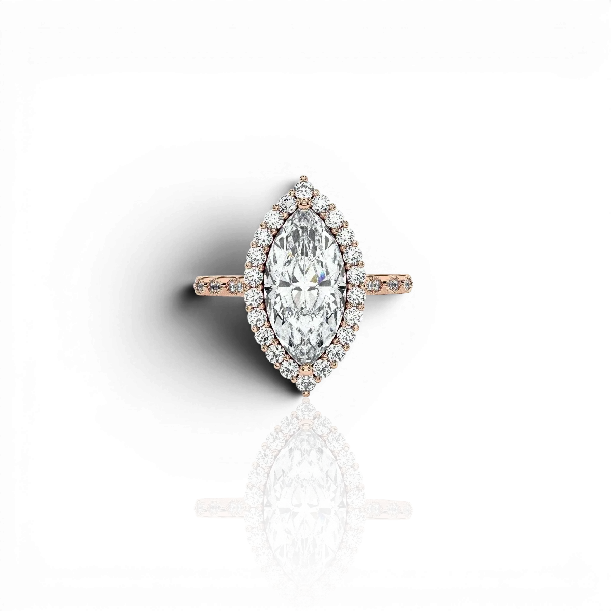Marquise halo engagement ring with scalloped band, moissanite stones in 18K Rose Gold Vermeil