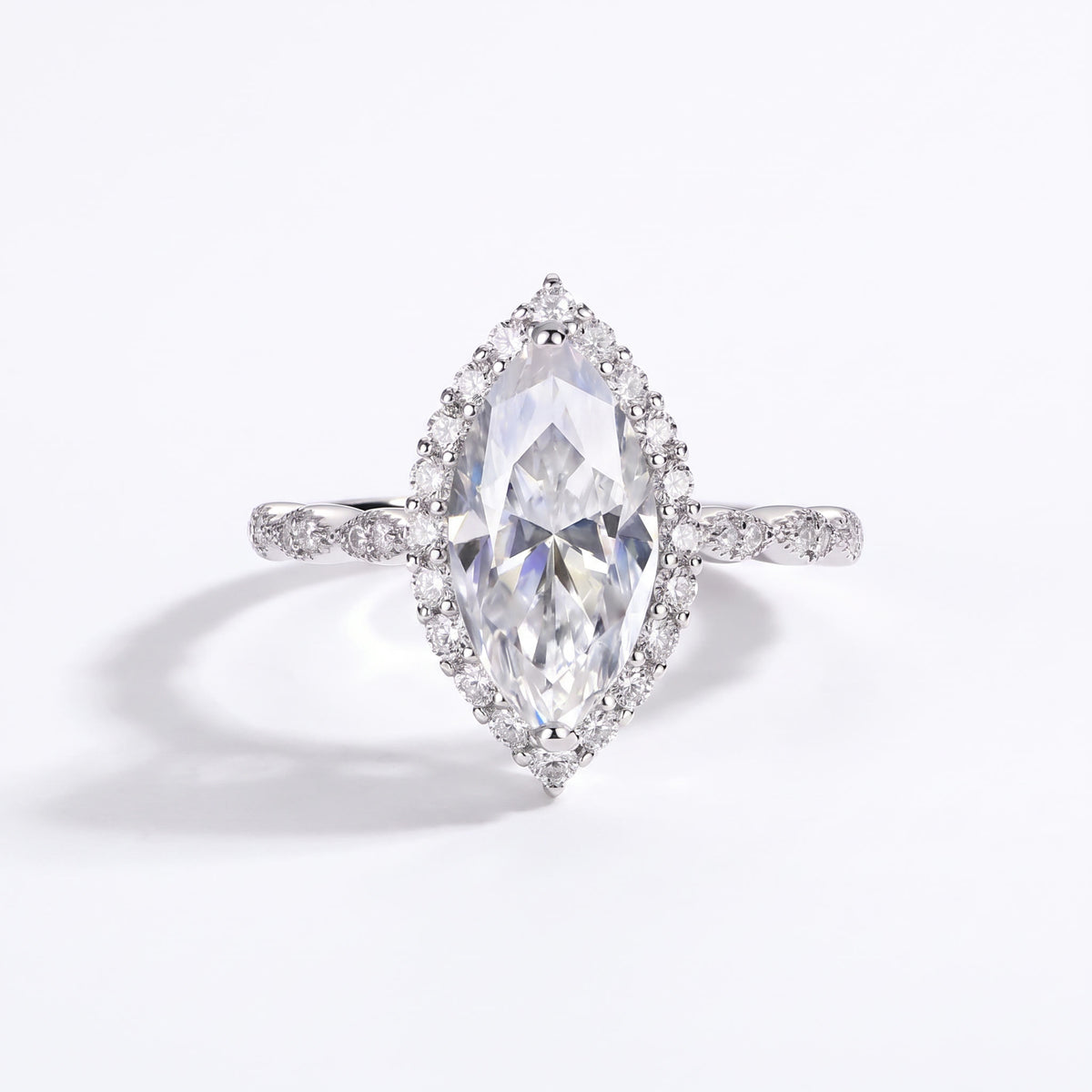 Marquise Moissanite Halo Engagement Ring – Victoire in 18K White Gold Vermeil