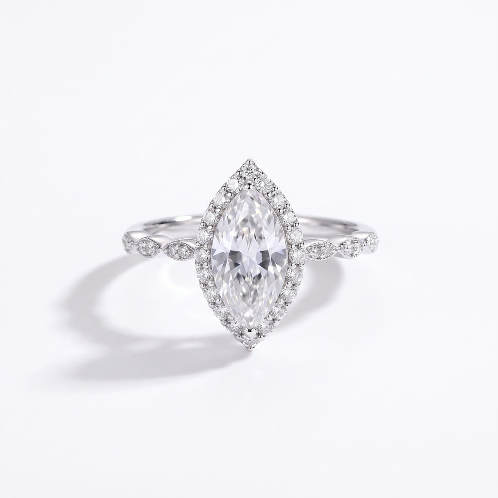 Marquise Moissanite Halo Engagement Ring – Victoire, styled