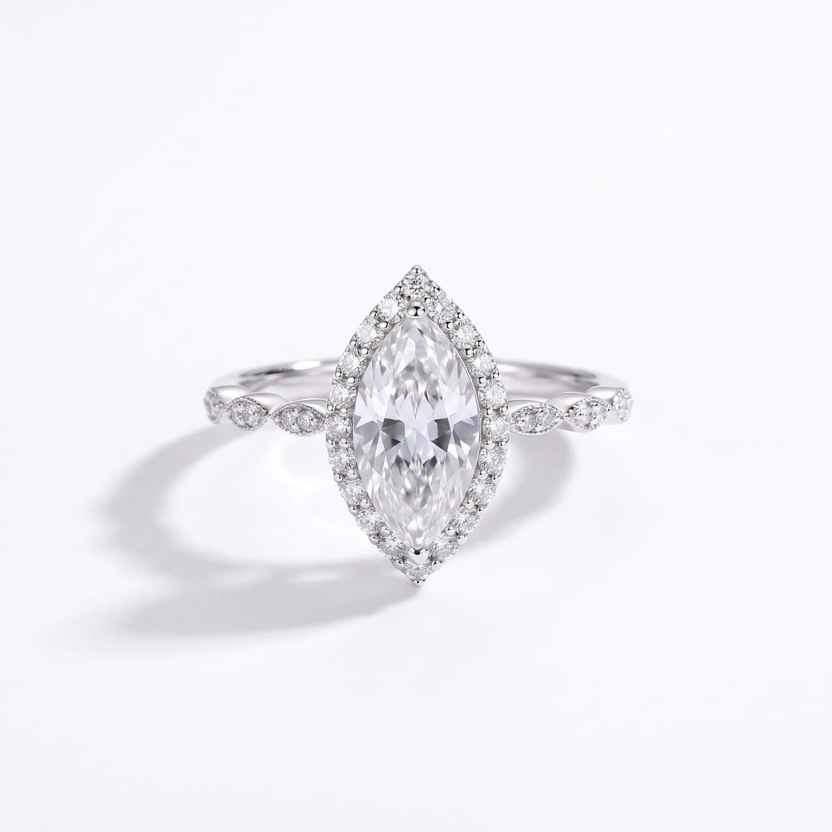 Marquise Moissanite Halo Engagement Ring – Victoire, styled