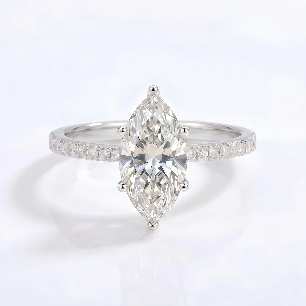 Marquise Moissanite Solitaire Ring with Pavé Band – Éloïse in 18K White Gold Vermeil