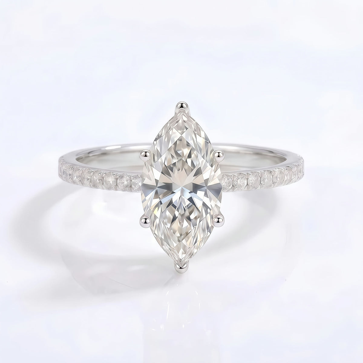 Marquise Moissanite Solitaire Ring with Pavé Band – Éloïse in 18K White Gold Vermeil
