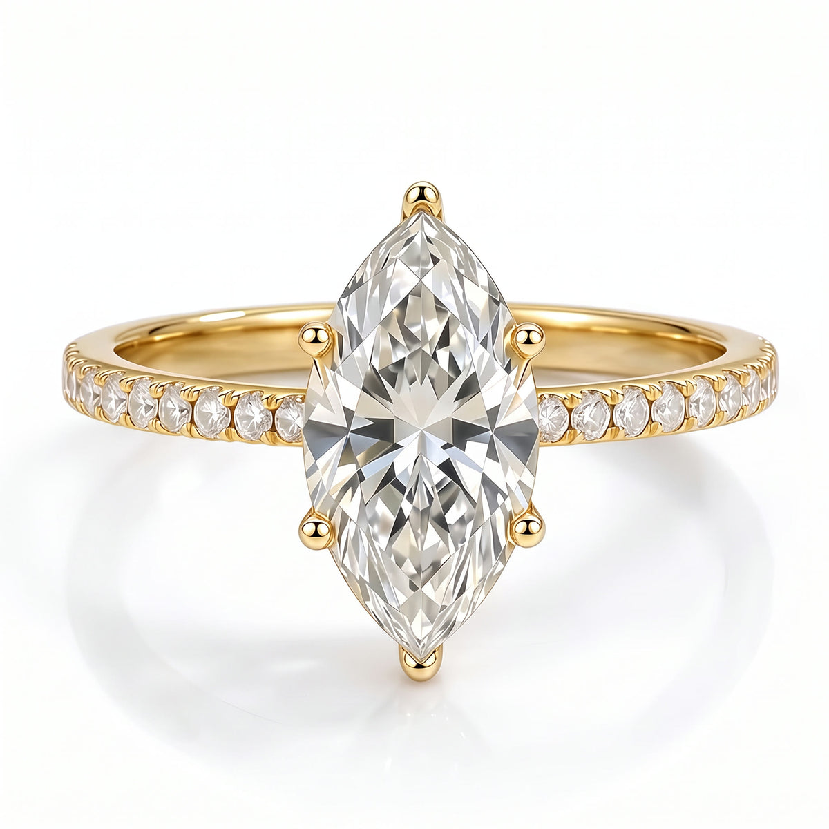 Marquise Moissanite Solitaire Ring with Pavé Band – Éloïse in 18K Yellow Gold Vermeil