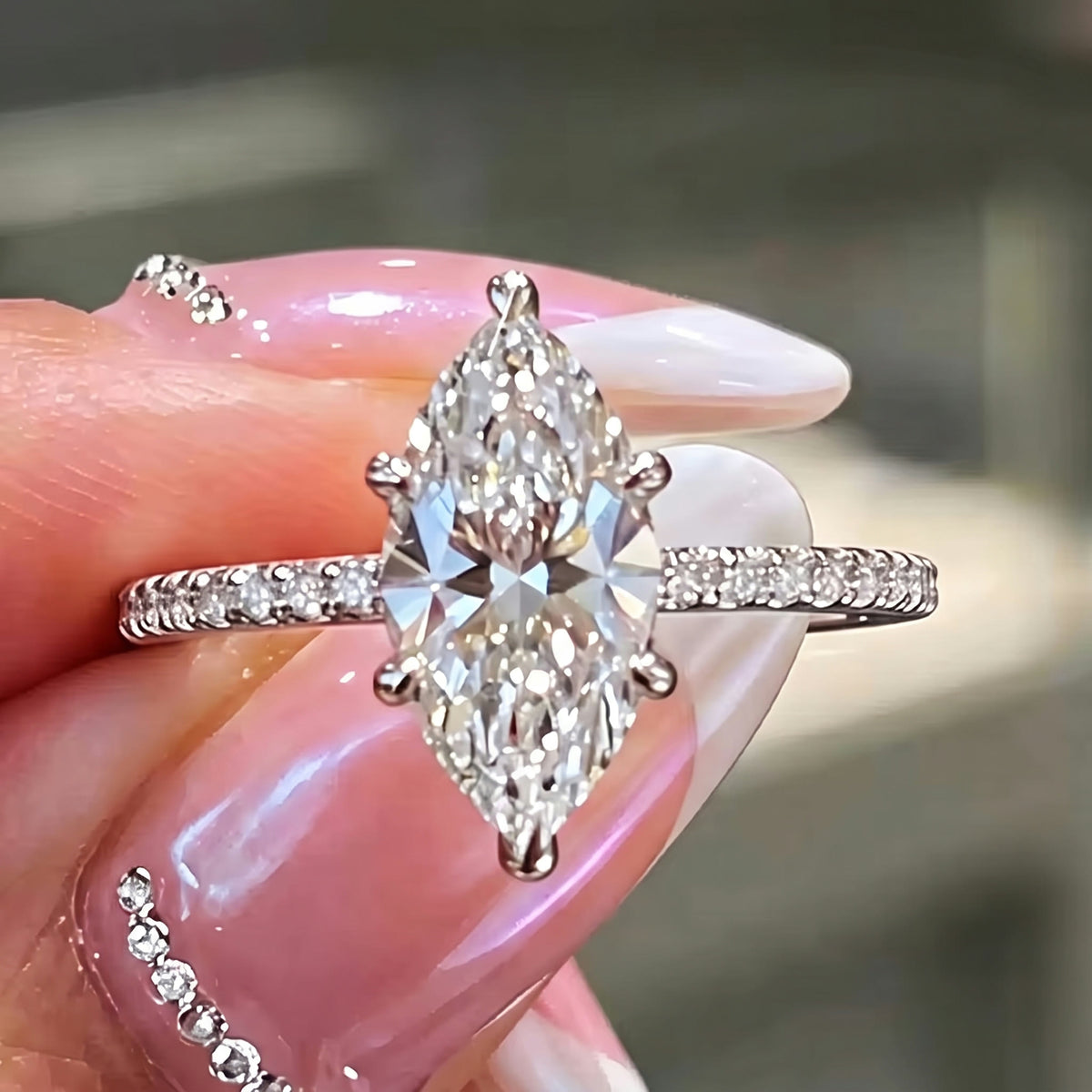 Marquise Moissanite Solitaire Ring with Pavé Band – Éloïse, styled