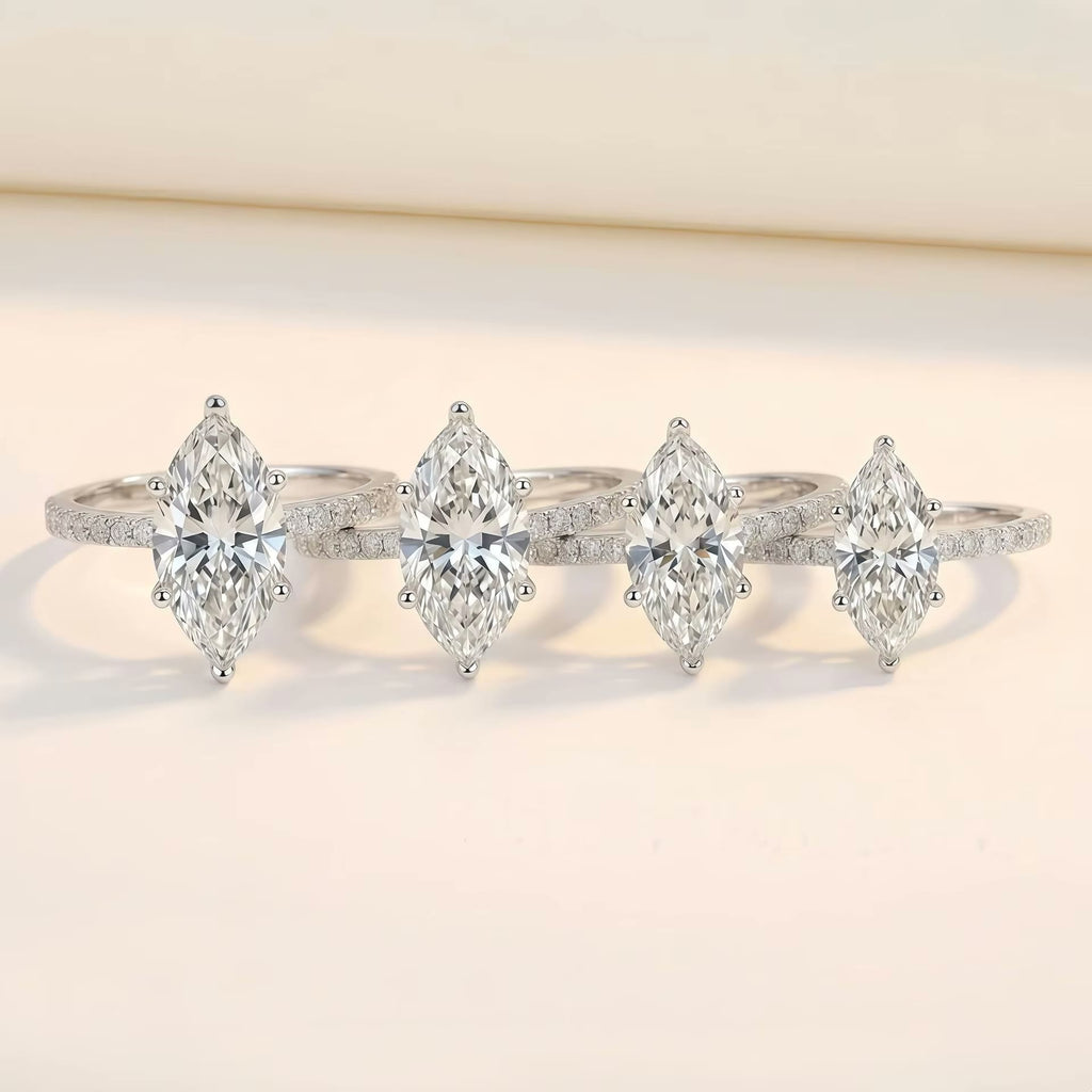 Marquise Moissanite Solitaire Ring with Pavé Band – Éloïse, styled