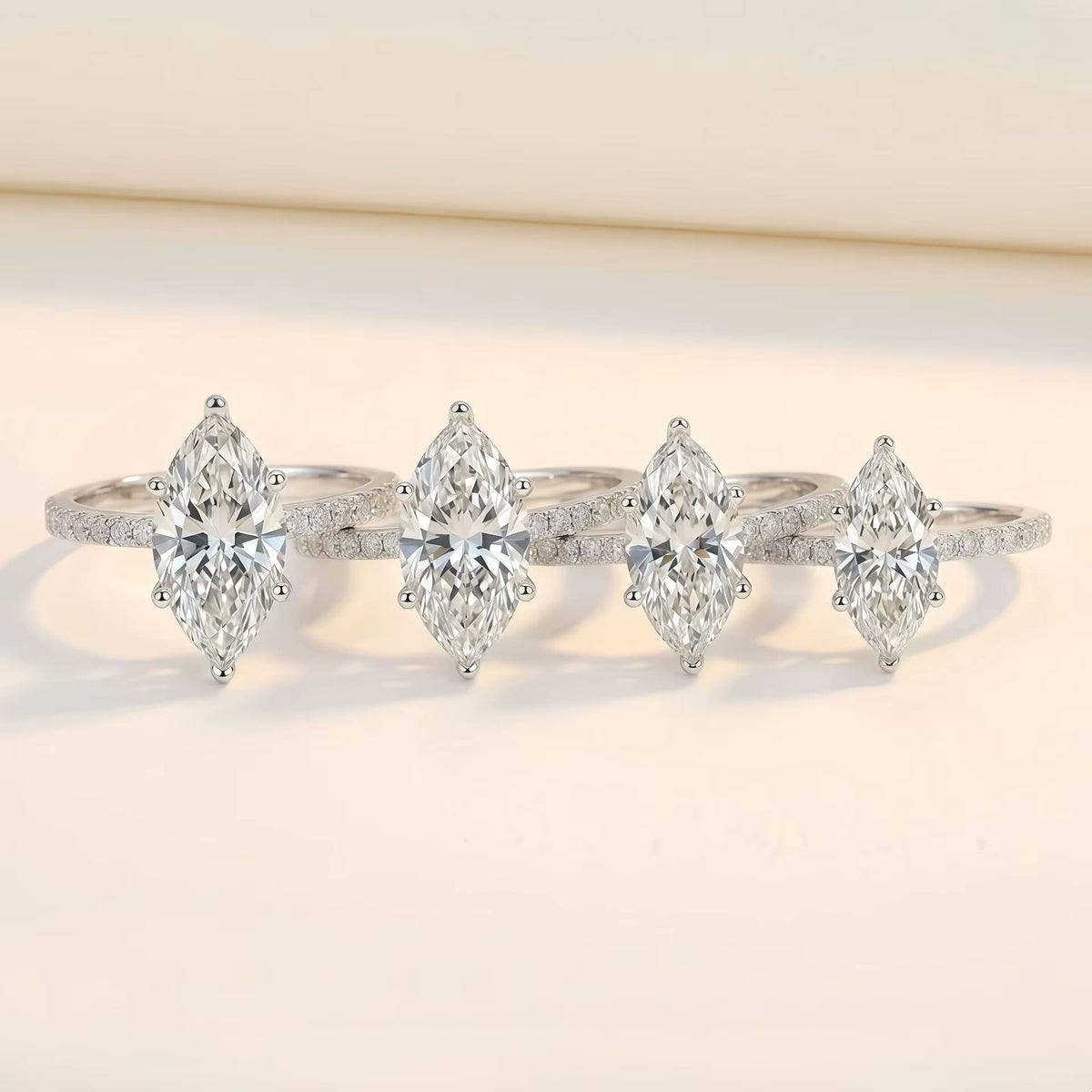 Marquise Moissanite Solitaire Ring with Pavé Band – Éloïse, styled