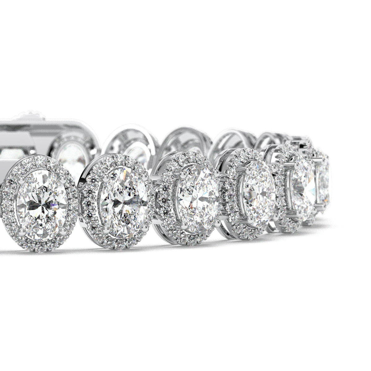 Oval halo-link tennis bracelet, moissanite stones in 18K White Gold Vermeil