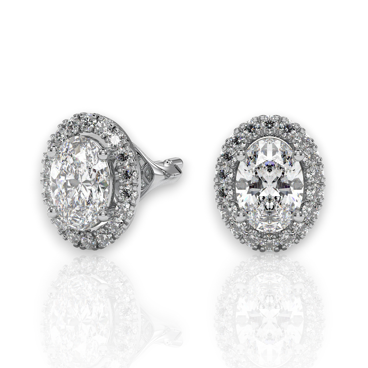 Oval halo stud earrings, moissanite stones in 18K White Gold Vermeil