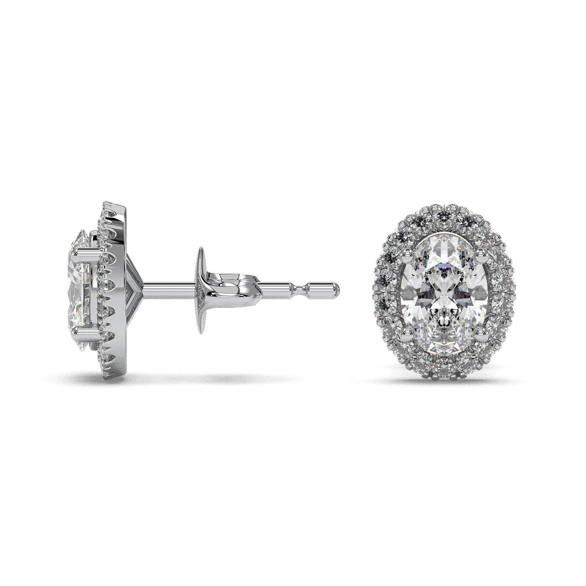 Oval halo stud earrings, moissanite stones in 18K White Gold Vermeil