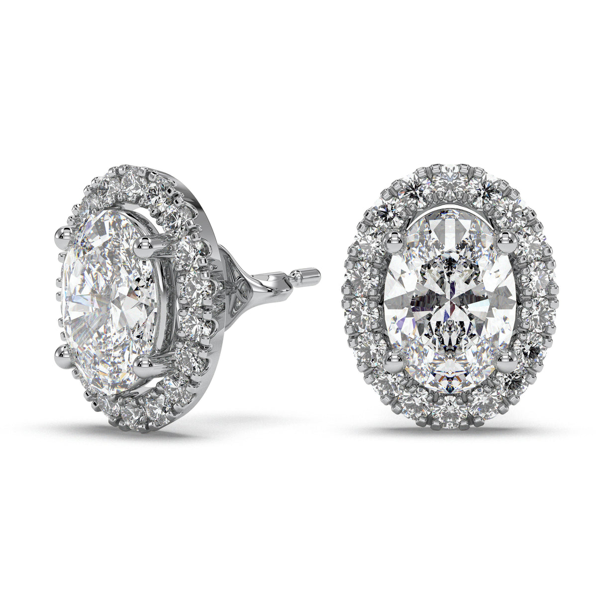 Oval halo stud earrings, moissanite stones in 18K White Gold Vermeil