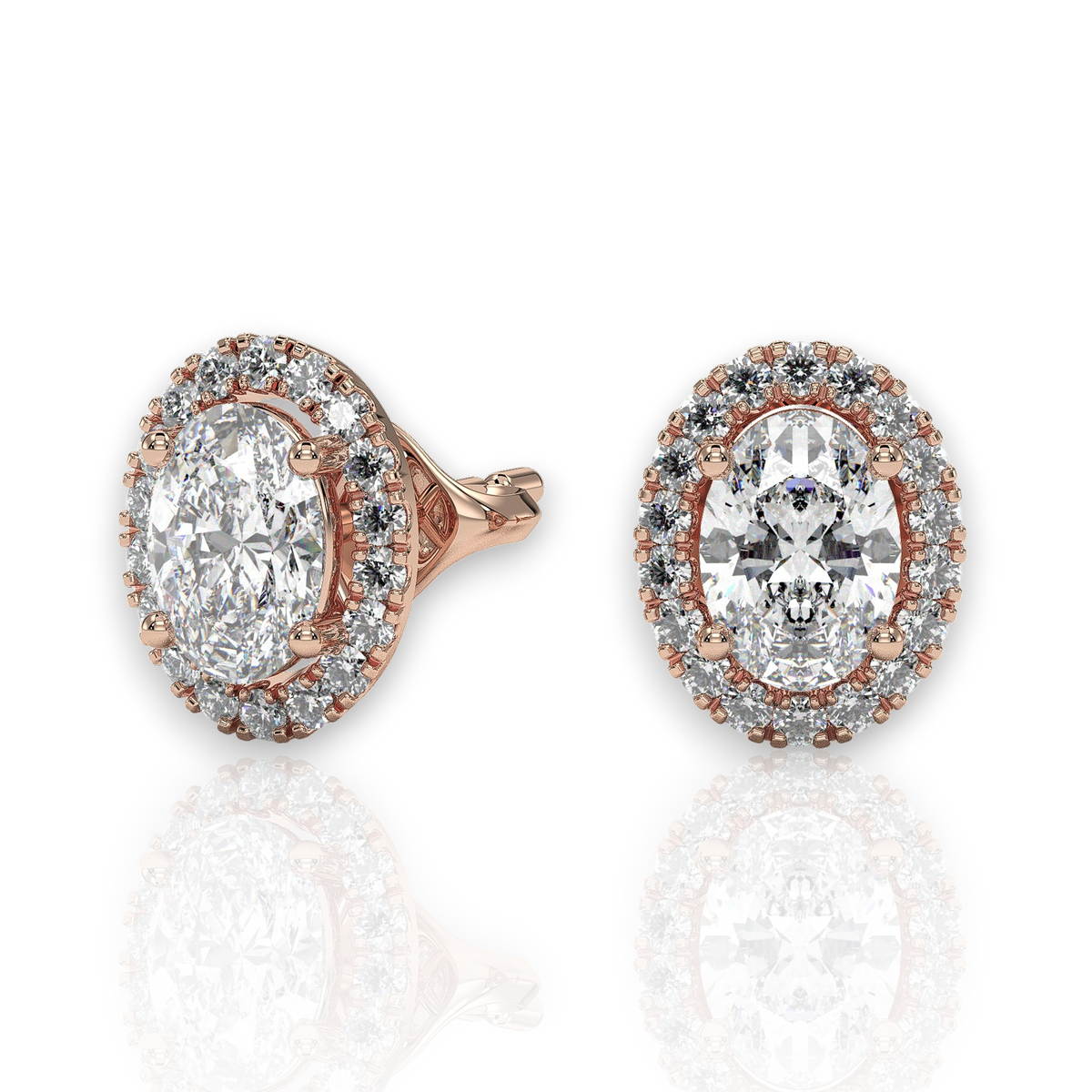 Oval halo stud earrings, moissanite stones in 18K Rose Gold Vermeil