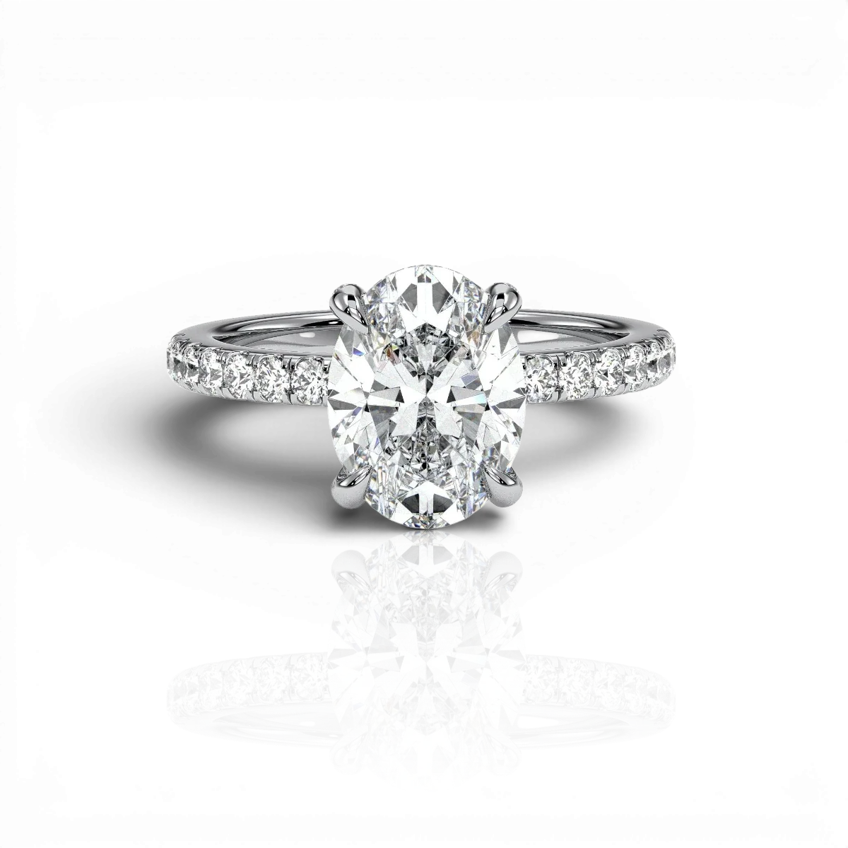 Oval hidden halo engagement ring with pavé band, moissanite stones in 18K White Gold Vermeil