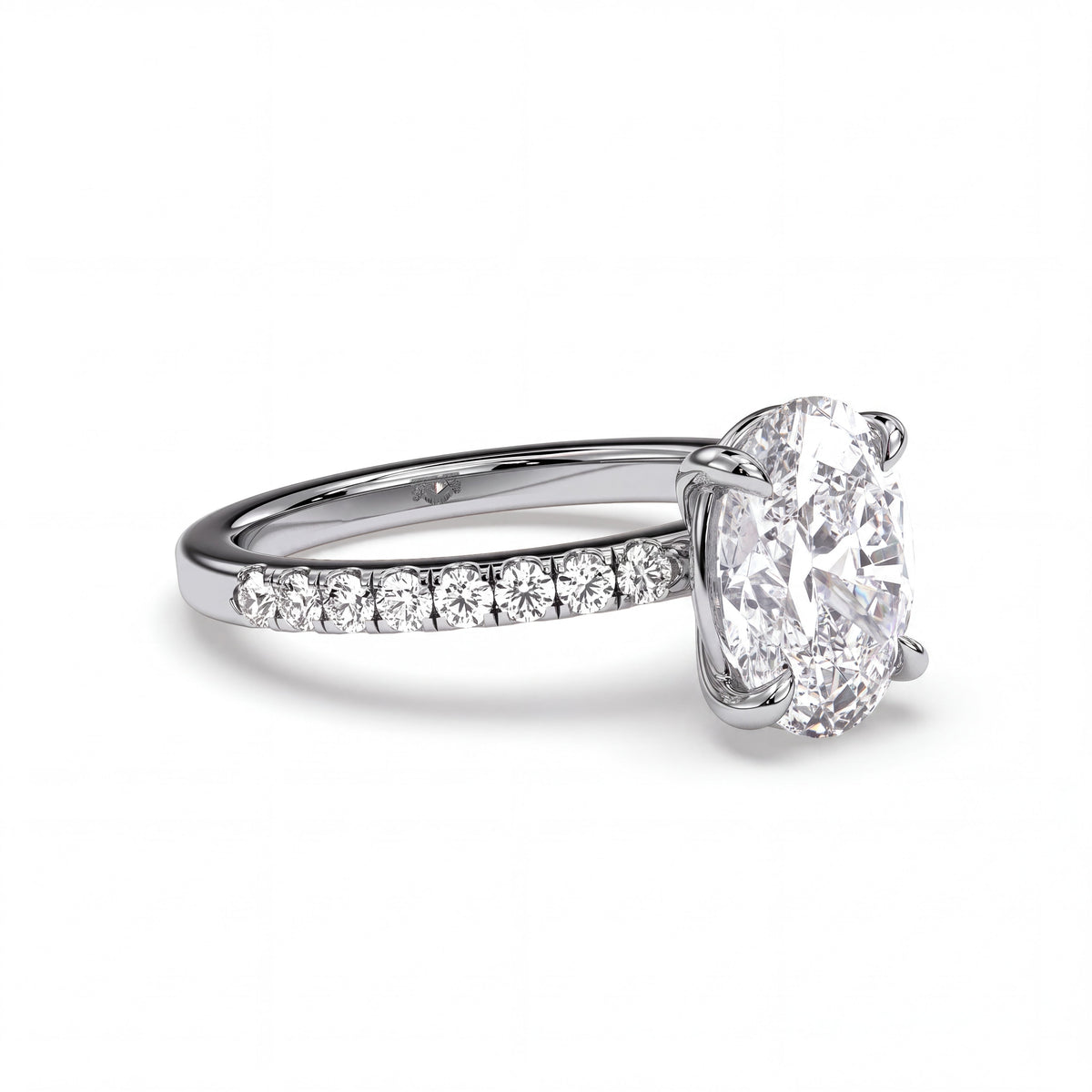 Oval hidden halo engagement ring with pavé band, moissanite stones in 18K White Gold Vermeil