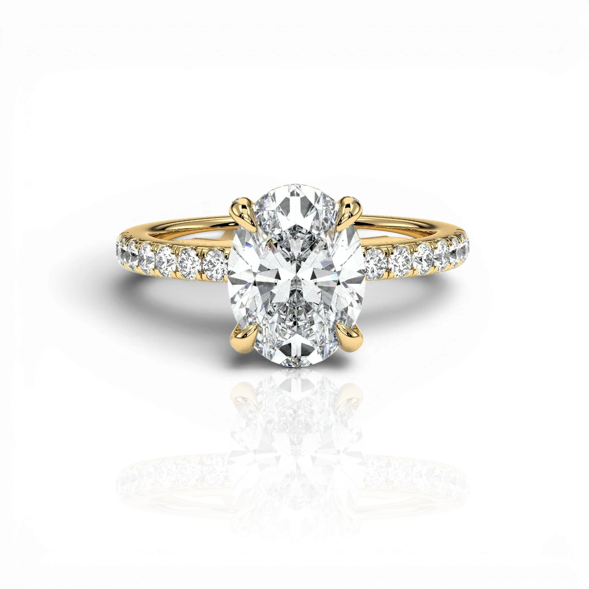 Oval hidden halo engagement ring with pavé band, moissanite stones in 18K Yellow Gold Vermeil