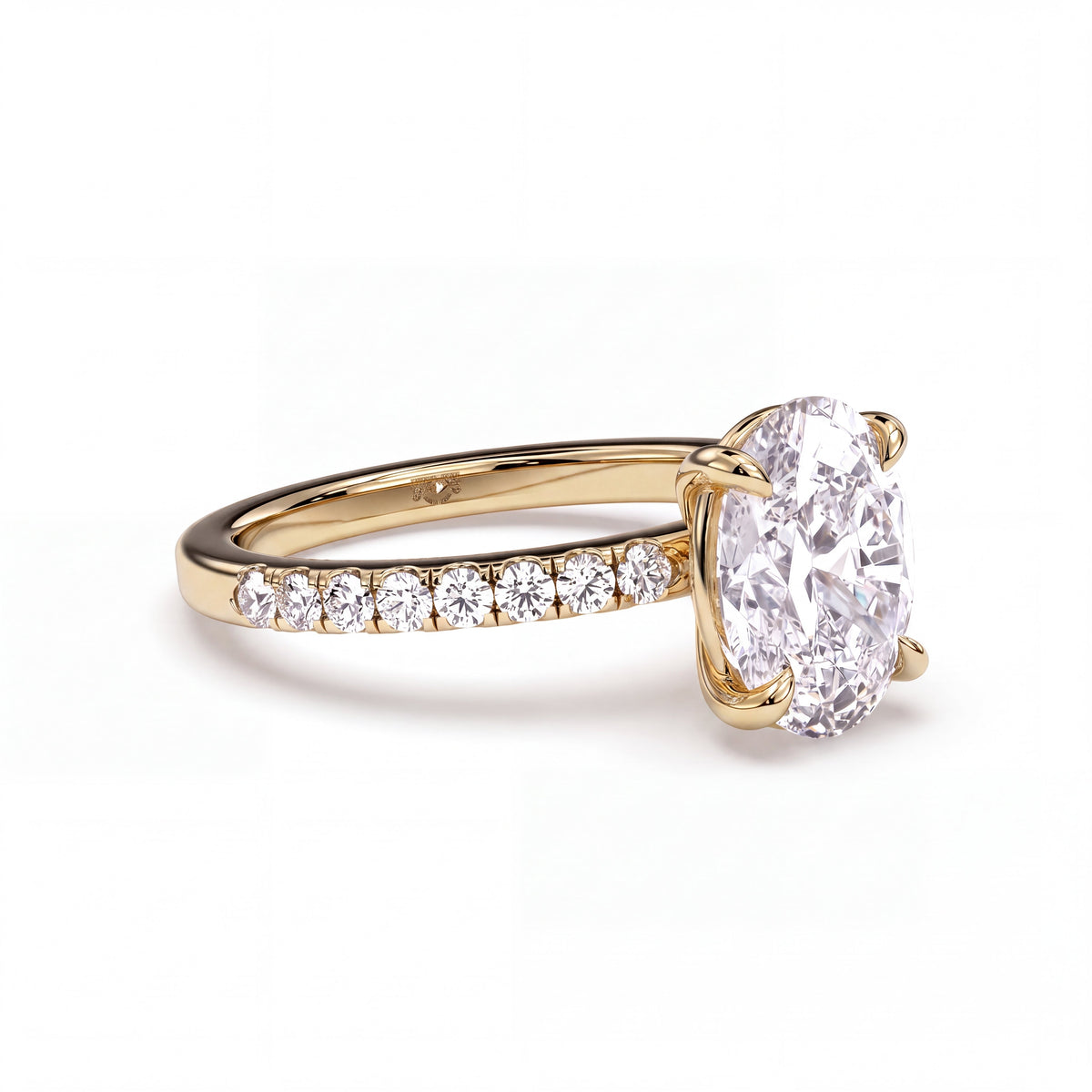 Oval hidden halo engagement ring with pavé band, moissanite stones in 18K Yellow Gold Vermeil