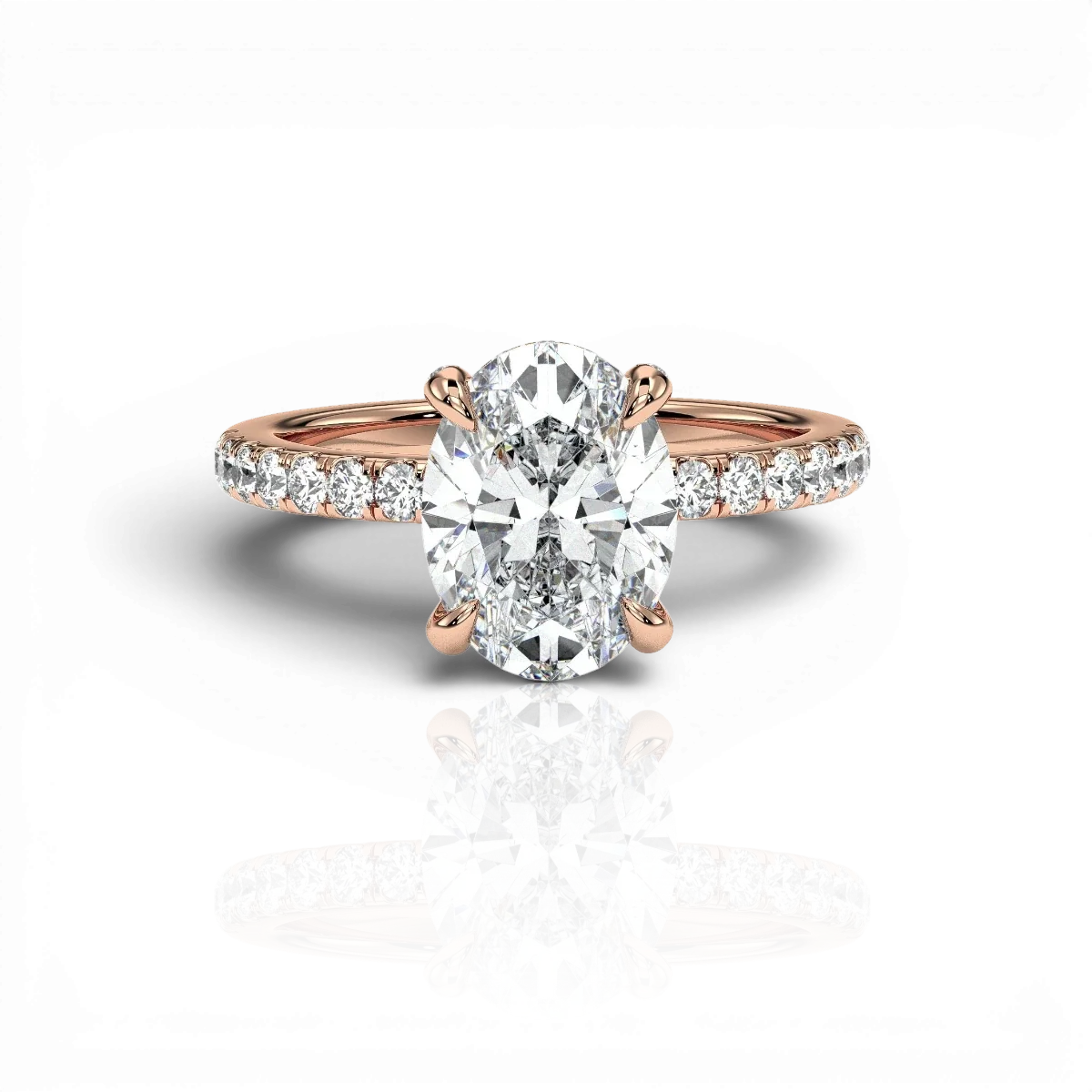 Oval hidden halo engagement ring with pavé band, moissanite stones in 18K Rose Gold Vermeil