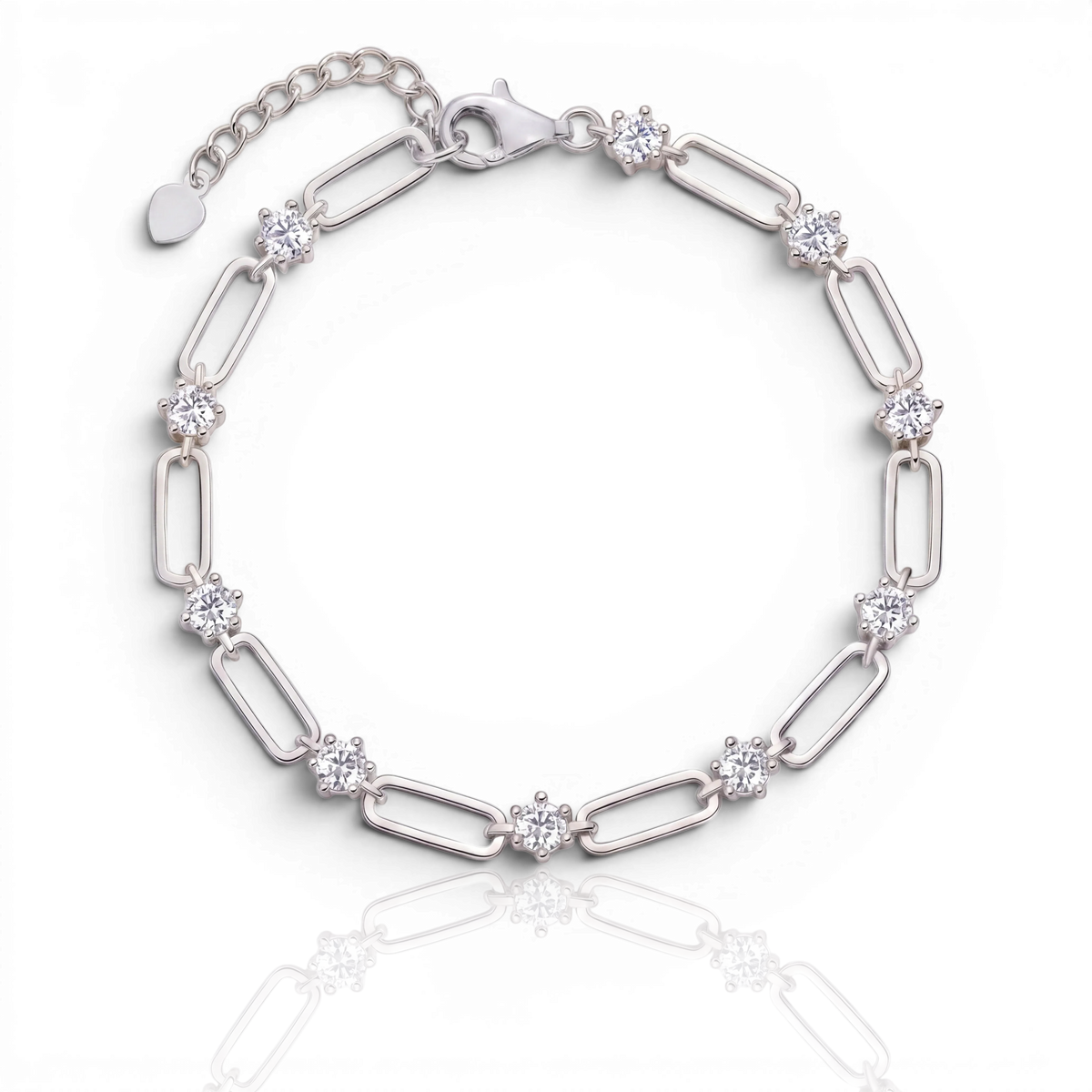 Paperclip chain bracelet with round stone stations, moissanite stones in 18K White Gold Vermeil