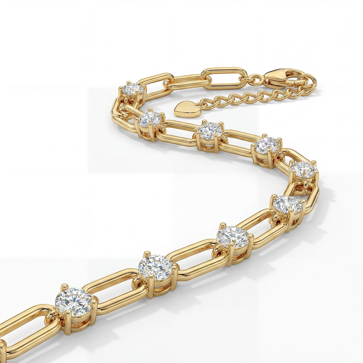 Paperclip chain bracelet with round stone stations, moissanite stones in 18K Yellow Gold Vermeil