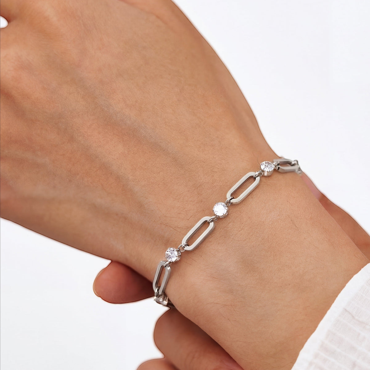 Paperclip chain bracelet with round stone stations, moissanite stones in 18K White Gold Vermeil