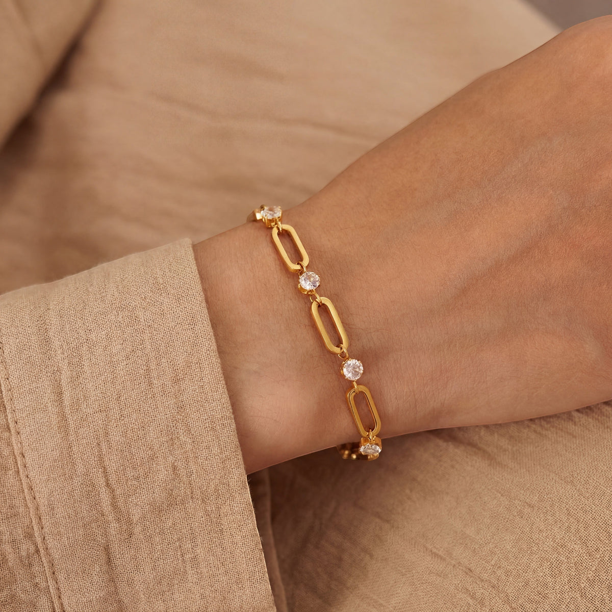 Paperclip chain bracelet with round stone stations, moissanite stones in 18K Yellow Gold Vermeil