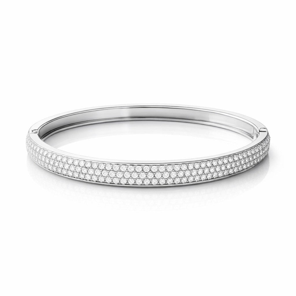 Pavé hinged oval bangle bracelet, moissanite stones in 18K White Gold Vermeil