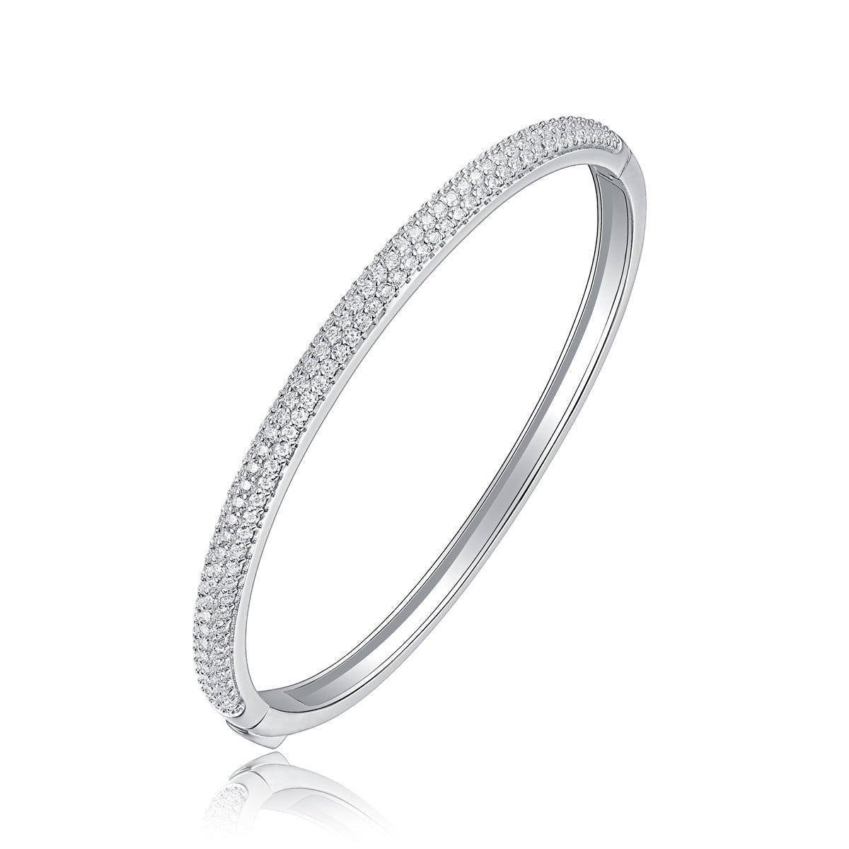 Pavé hinged oval bangle bracelet, moissanite stones in 18K White Gold Vermeil