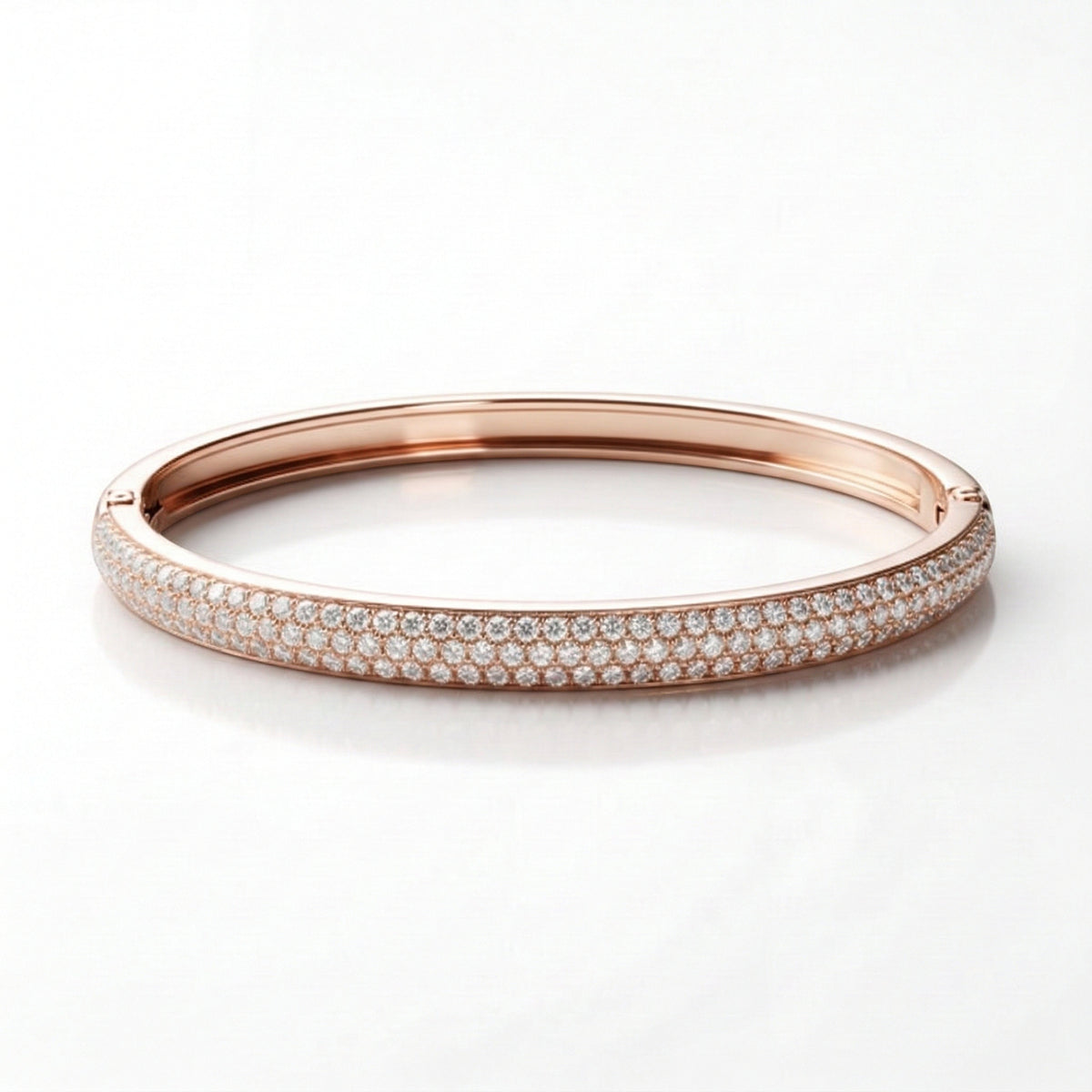 Pavé hinged oval bangle bracelet, moissanite stones in 18K Rose Gold Vermeil