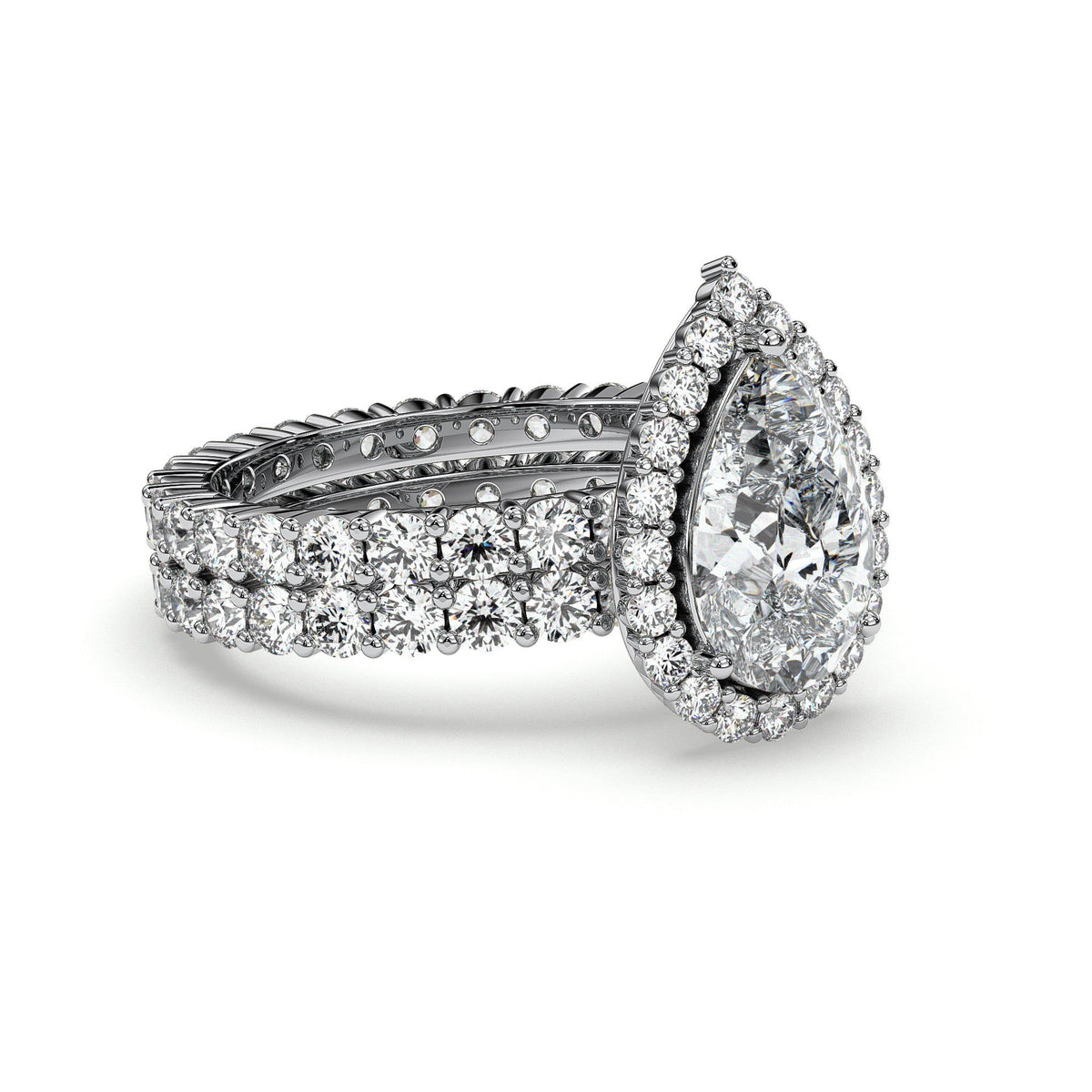 Pear halo engagement ring with double-row pavé band, moissanite stones in 18K White Gold Vermeil